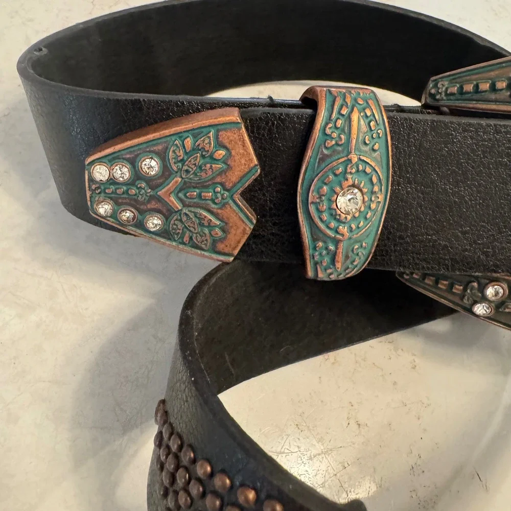 Steve Madden Leather Belt Women sz M Black Western Studded Rhinestone SM30566TJ